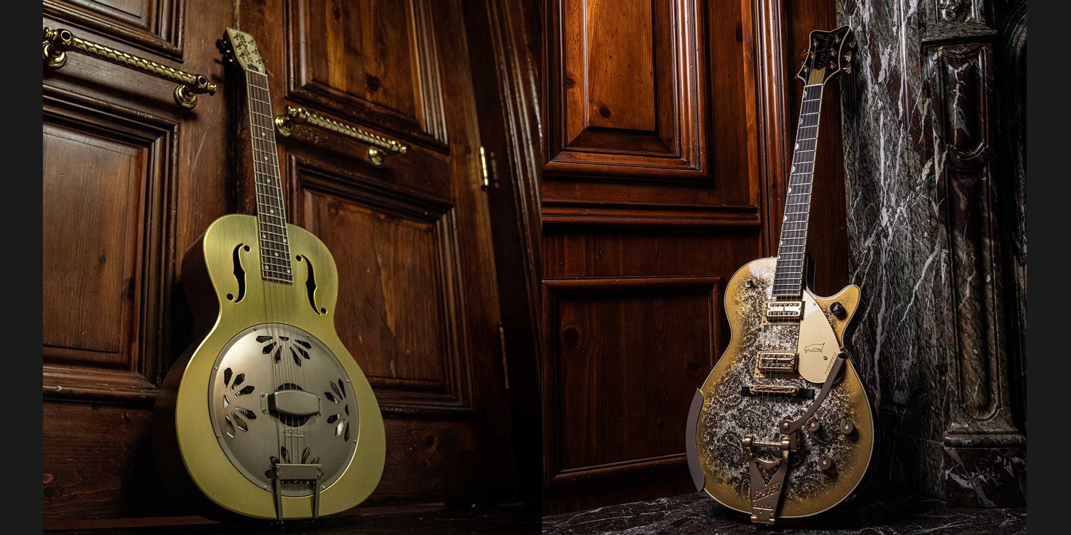 グレッチより、限定生産の“G9202”リゾネーター・ギターとペイズリー柄ゴールドトップの“Paisley Penguin”が登場